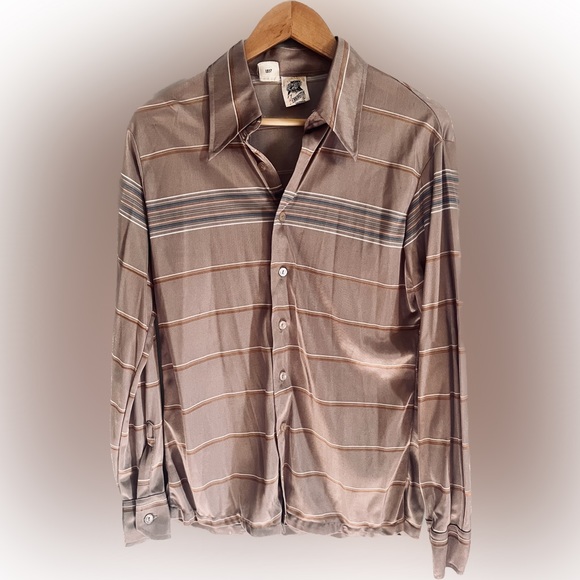 Vtg 60s 70s Disco Shirt Polyester Dagger Collar Kennington LTD Mens Large Brown - Picture 1 of 10